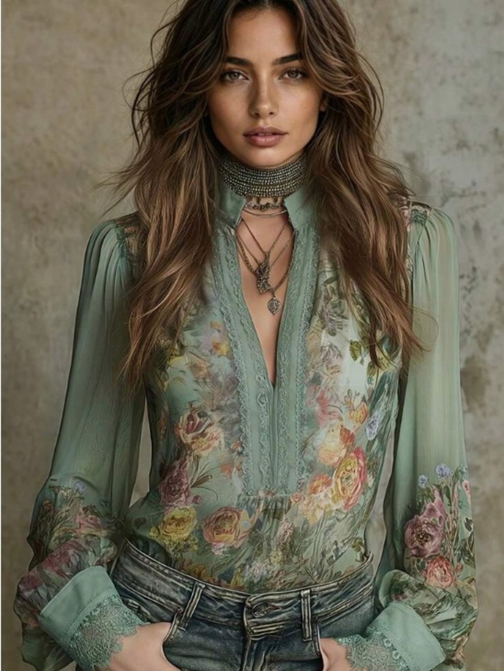 Sage Green Floral Sheer V-Neck Blouse new without tags sz medium